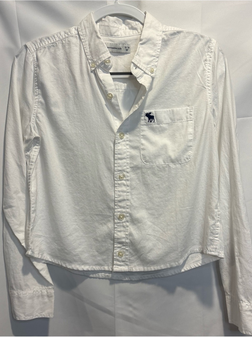 abercrombie kids Cropped White Button-Down Oxford Shirt with Pocket Logo